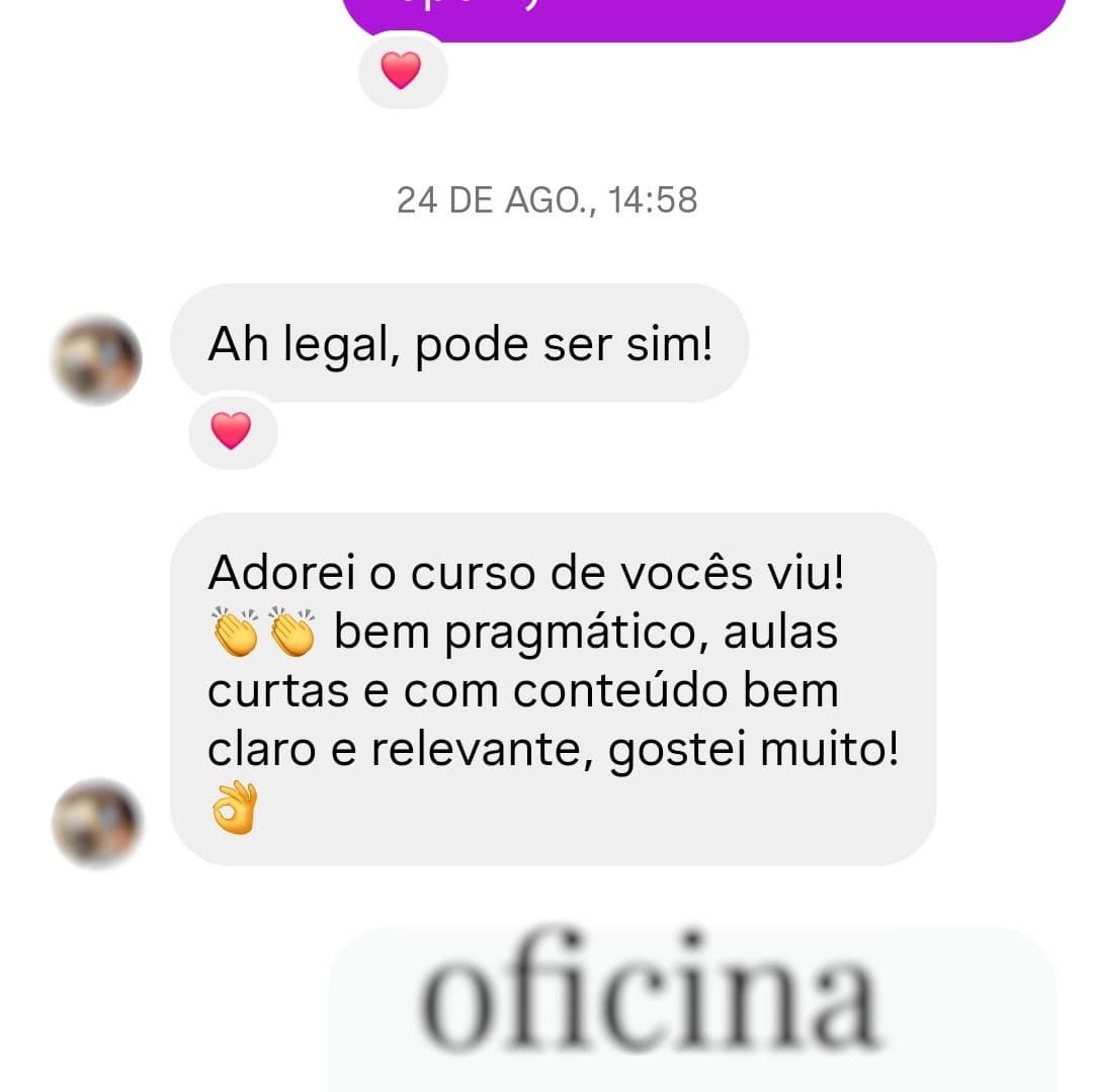 Print de mensagem elogiando o curso: aulas curtas e conteúdo claro