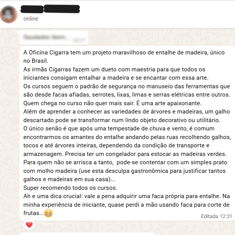 Print de mensagem recomendando os cursos da Oficina Cigarra