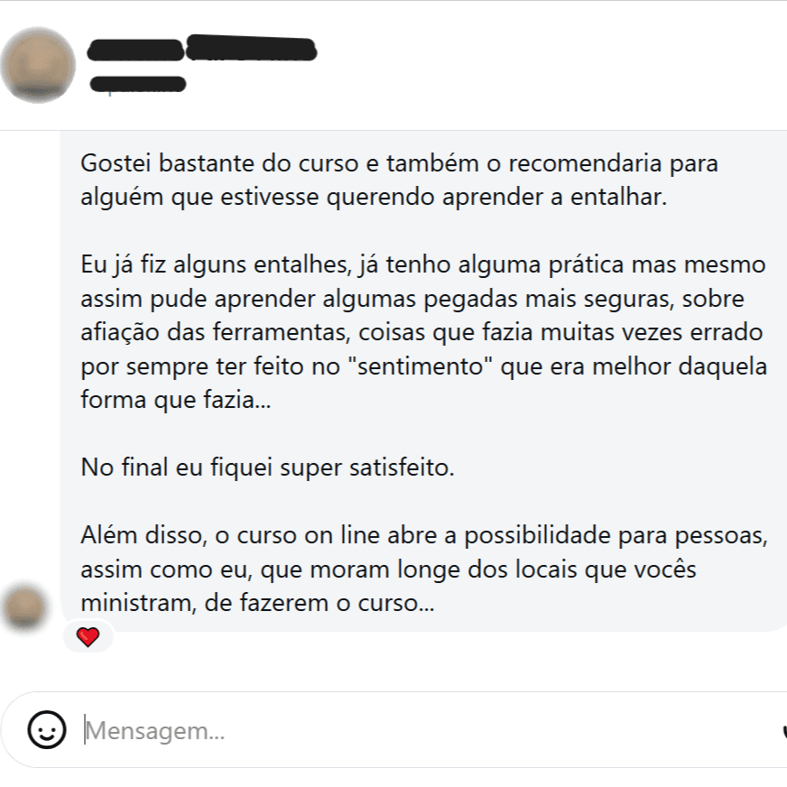 Print de mensagem recomendando o curso e destacando a didática